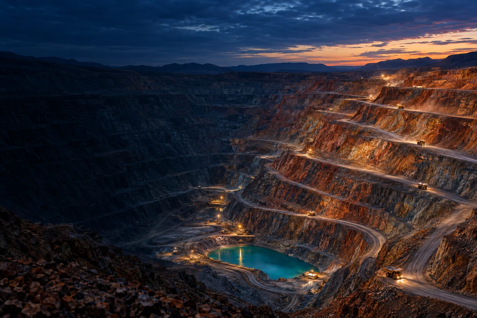 Terraced open-pit mine at dusk with haul trucks on lit benches