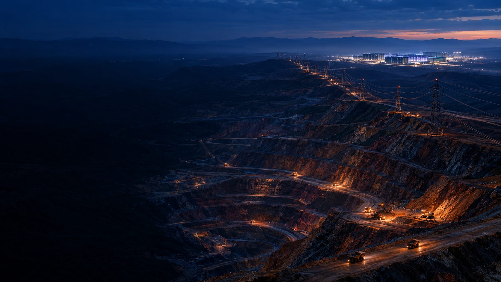 Open-pit copper mine with transmission lines running toward a data center